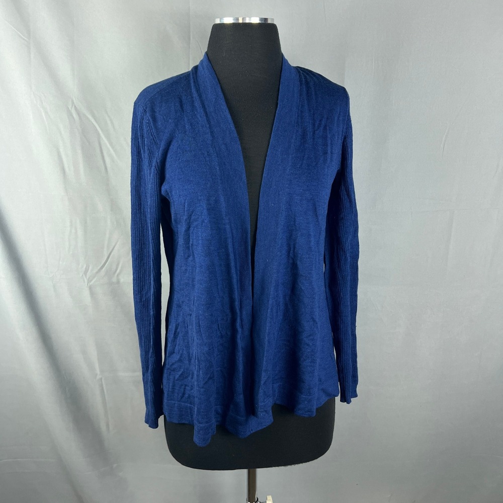 Eileen Fisher Cardigan Sweater Womens S Blue Merino Wool Open Front Shawl Collar